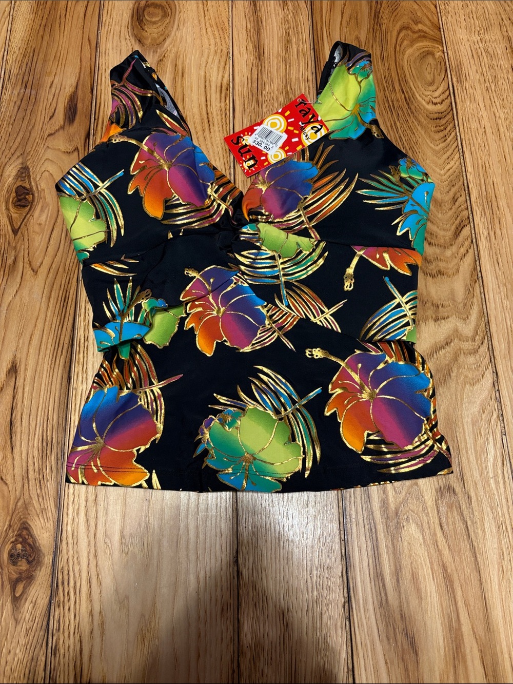 raya sun Black Tropical Floral V-Neck Swim Top with Multicolor Blooms NWT.
